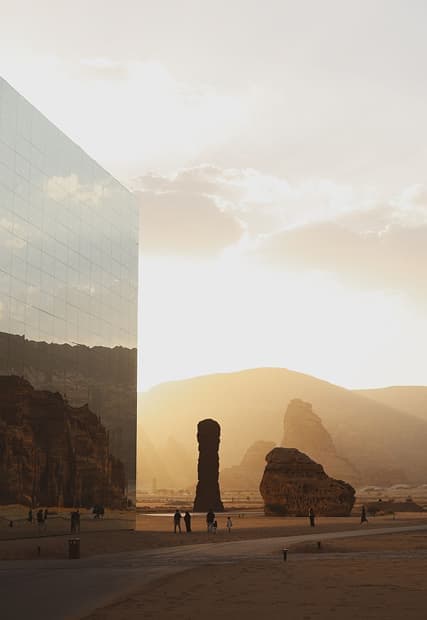 Maraya Concert Hall in AlUla, mirrored architecture in the desert at golden hour